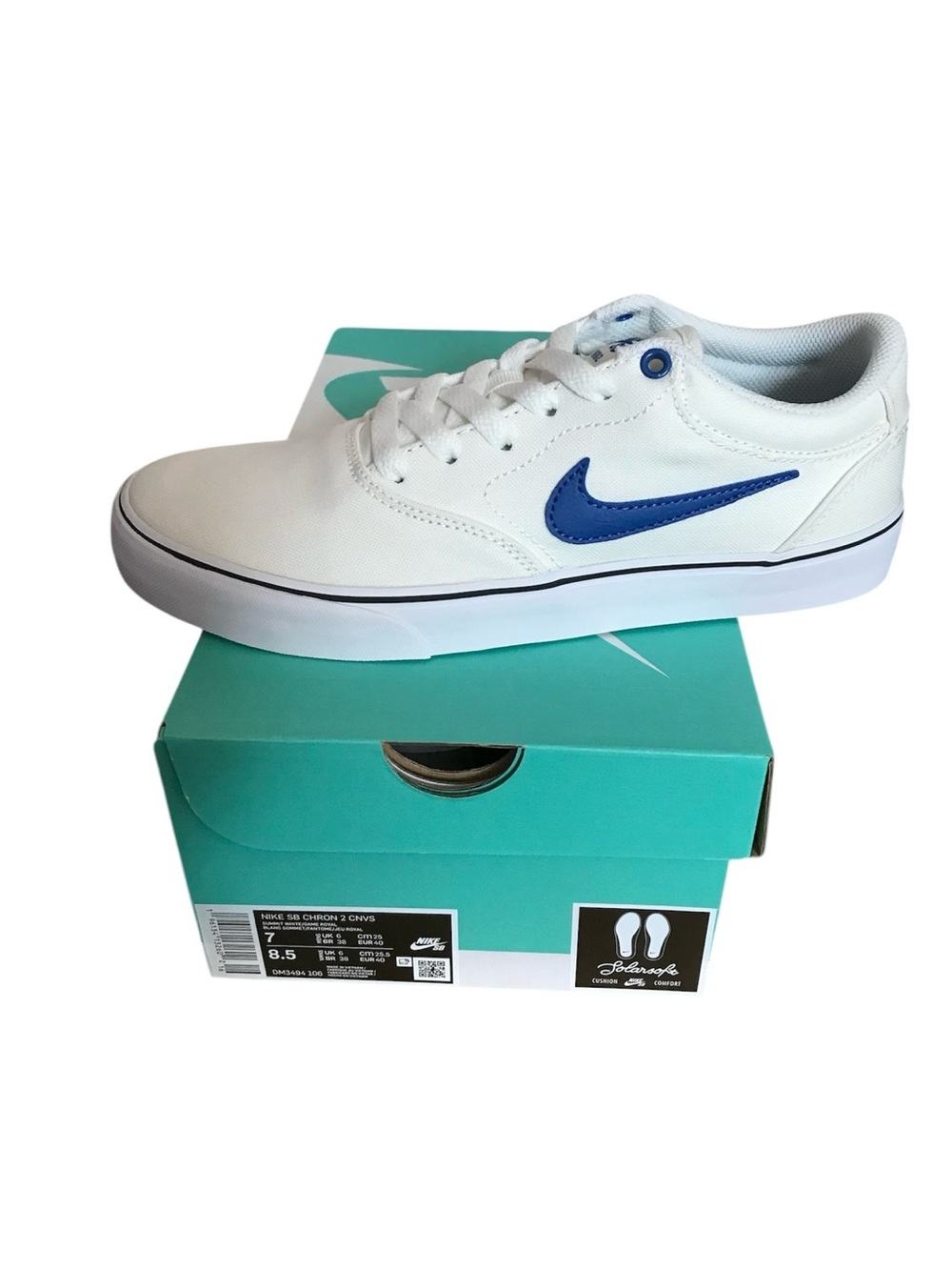 Size 7 - Men’s Nike Chron 2 Canvas SB White Game Royal NEW with box
